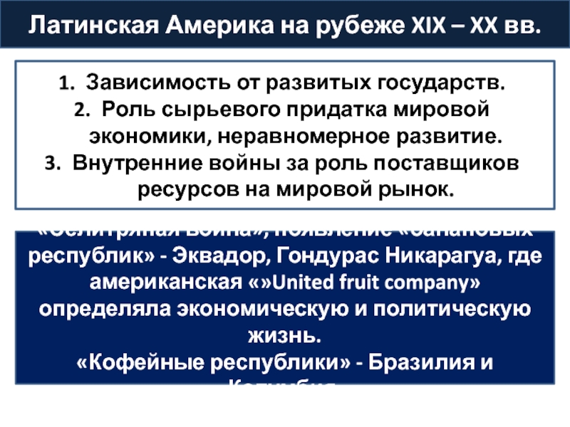 Век зависимости. Латинская Америка на рубеже XIX-XX ВВ.. Причины неравномерного развития стран. Зависимость Латинской Америки от США. Латинская Америка на мировом рынке.