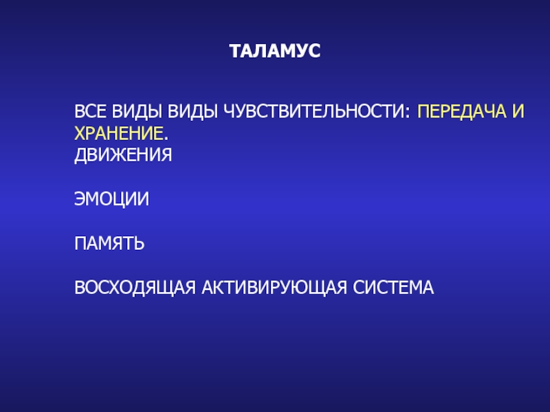 таламус
ВСЕ ВИДЫ ВИДЫ ЧУВСТВИТЕЛЬНОСТИ: ПЕРЕДАЧА И