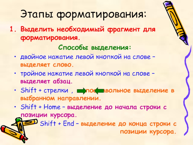 Способы выделить. Этапы форматирования. Этапы форматирования текста. Этапы быстрого форматирования. Этапы сложного форматирования.