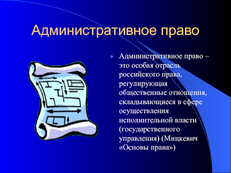 Административное правоАдминистративное право – это особая отрасль российского права, регулирующая общественные отношения, складывающиеся в сфере осуществления исполнительной