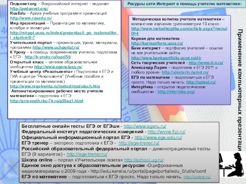 Применение компьютерных презентацийРесурсы сети Интернет в помощь учителю математики:Педсовет.org – Всероссийский интернет - педсовет  http://pedsovet.org/RusEdu –