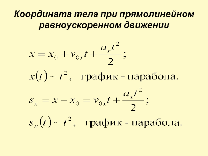 Формула проекции равноускоренного движения. Формула координаты при равноускоренном движении. Формула для расчета координаты тела при равноускоренном движении. Формула координаты тела при равноускоренном прямолинейном движении. Формула координаты при прямолинейном равноускоренном движении.