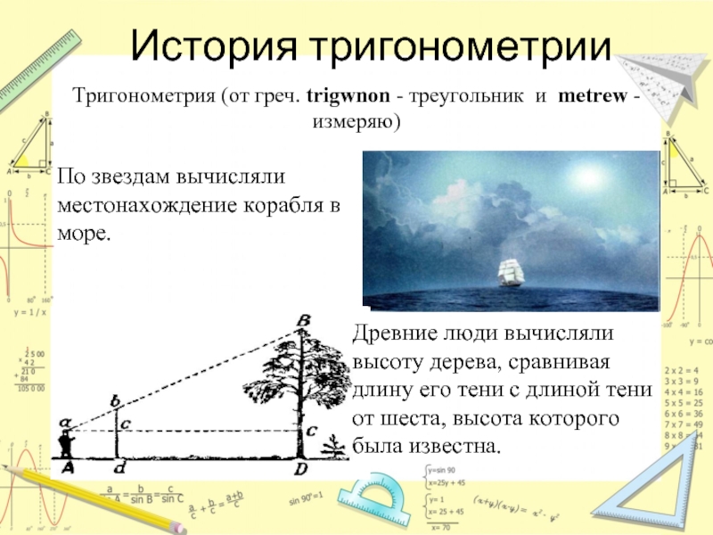 История тригонометрии  По звездам вычисляли местонахождение корабля в море. Древние люди вычисляли высоту дерева, сравнивая длину