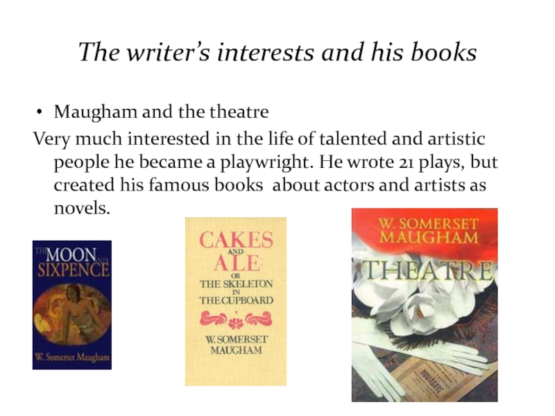 The writer’s interests and his booksMaugham and the theatreVery much interested in the life of talented and