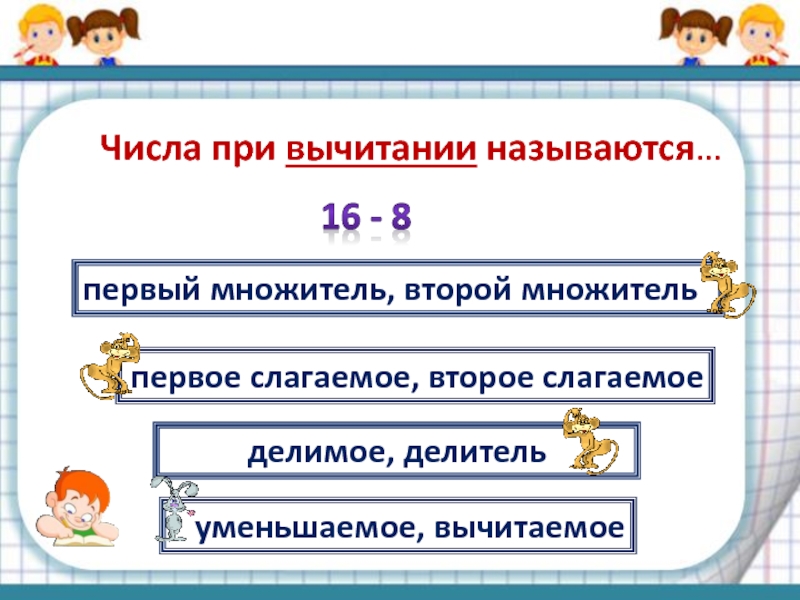 Первый множитель 6. Первый множитель второй. Первый множитель второй множитель. Названия компонентов математических действий. Числа при вычитании называются.