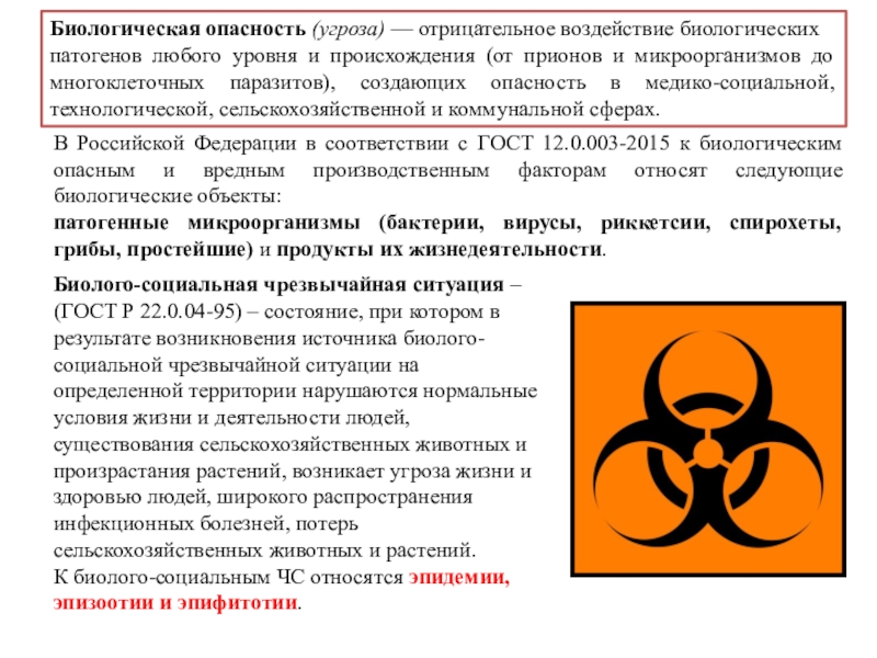 Биологическая опасность   (угроза)  — отрицательное воздействие