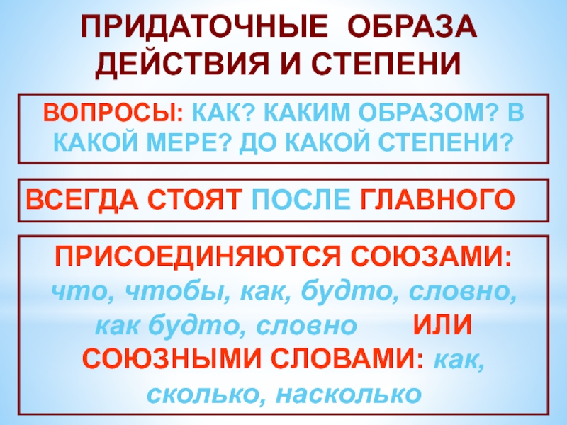 Вопросы степени. Вопросы образа действия и степени. Присоединяется придаточные образа действия и степени союзами. Союзы придаточных меры. Союзы образа действия.