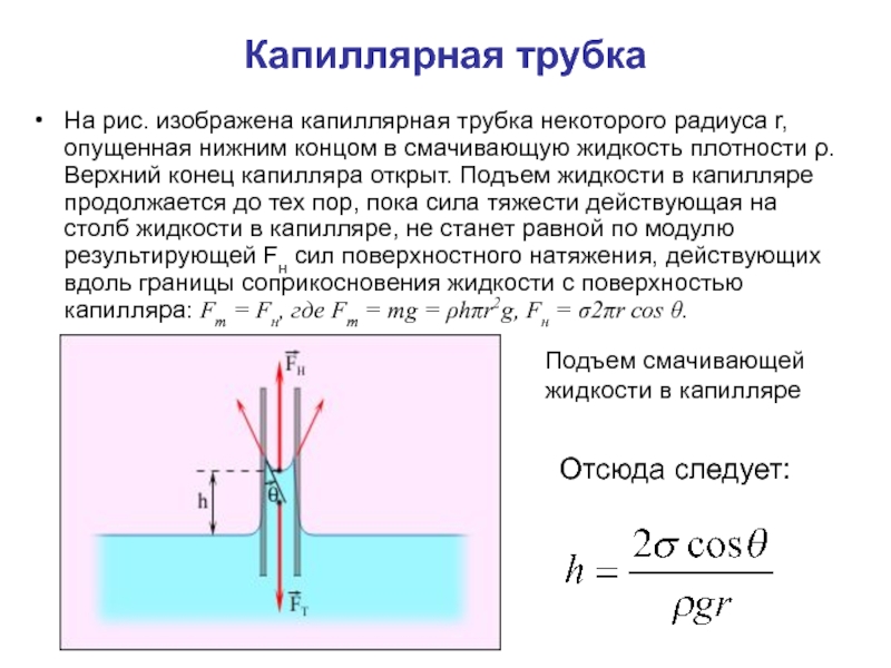 Жидкость в капиллярной трубке. Высота подъема жидкости в капиллярной трубке. Капиллярные свойства. Капиллярная трубка физика. Капиллярность трубки.