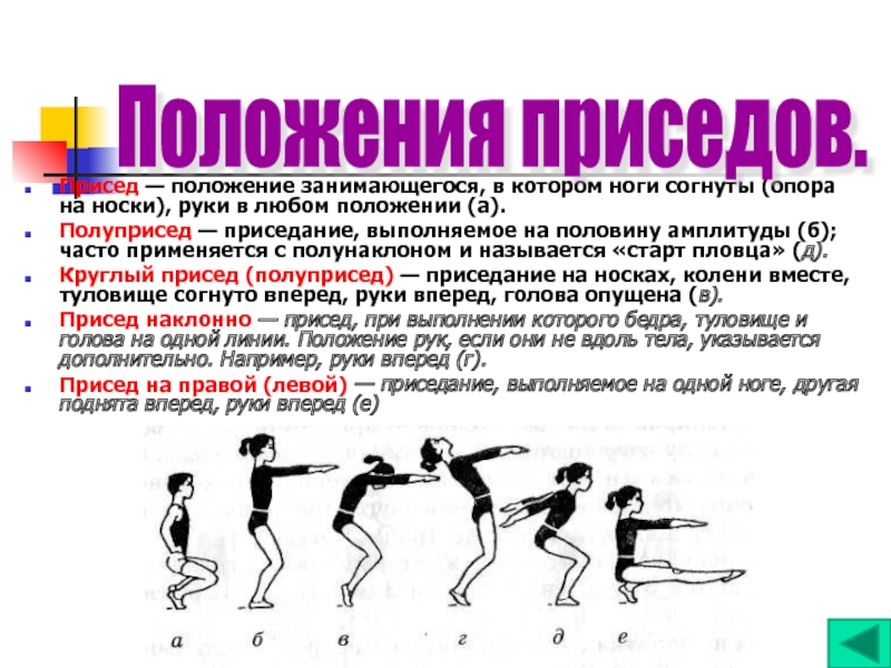 Назовите положение занимающегося на согнутых. Полуприсед старт пловца. Методические разработки по физкультуре. Полуприсед методические указания. Полуприсед на правой левую на носок.