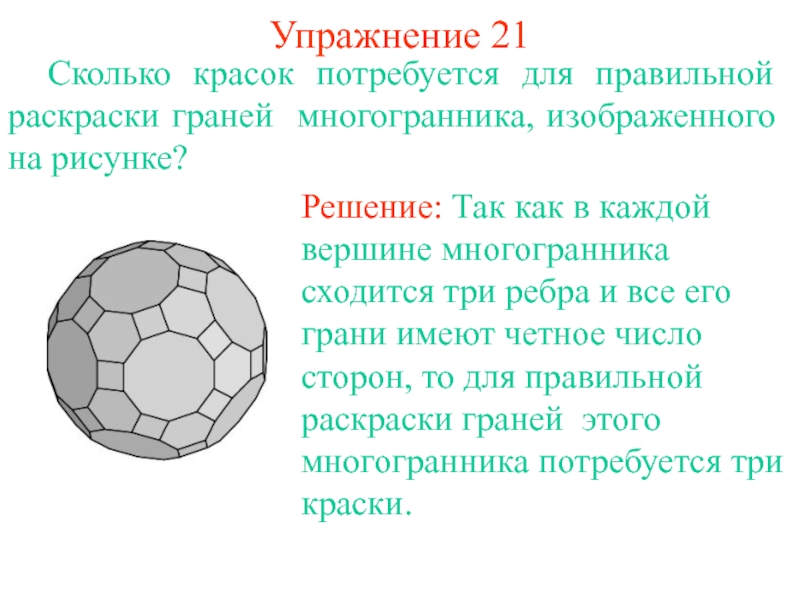 Какое минимальное основание имеет. Сколько красок требуется для правильной раскраски карты. Решение упражнение 5 сколько красок. Сколько плоских граней имеется на данной детали. Сколько всего ребер в многограннике из которого сшит футбольный мяч?.