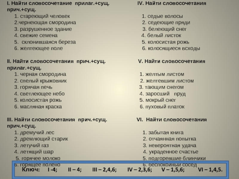 Существительное причастие словосочетание примеры. Найти словосочетание прич сущ. Прилаг. (Прич.) + Сущ. Найдите словосочетание"прич.+сущ.". Седеть словосочетания.