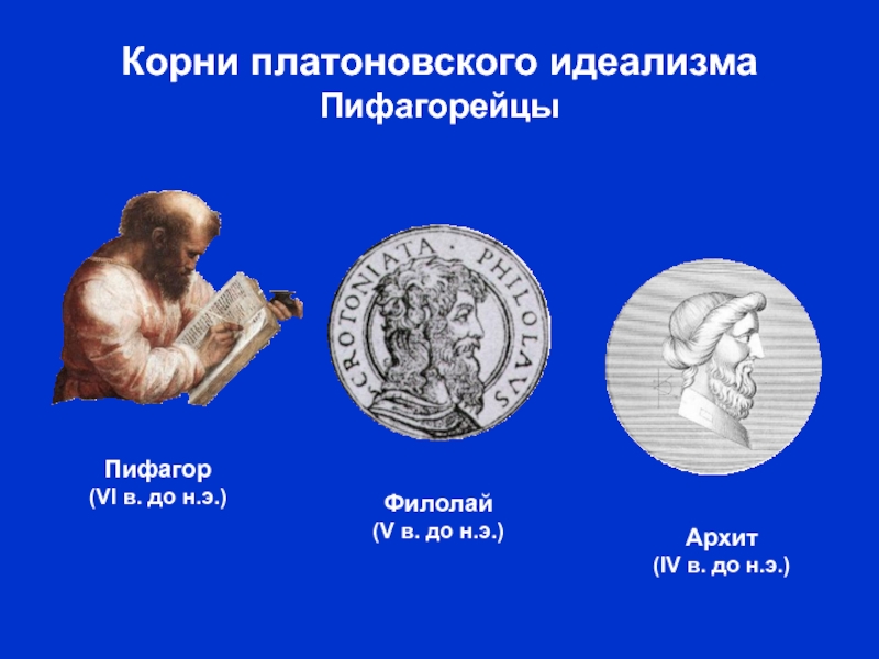 Корни платоновского идеализма ПифагорейцыПифагор  (VI в. до н.э.)Архит  (IV в. до н.э.)Филолай (V в. до