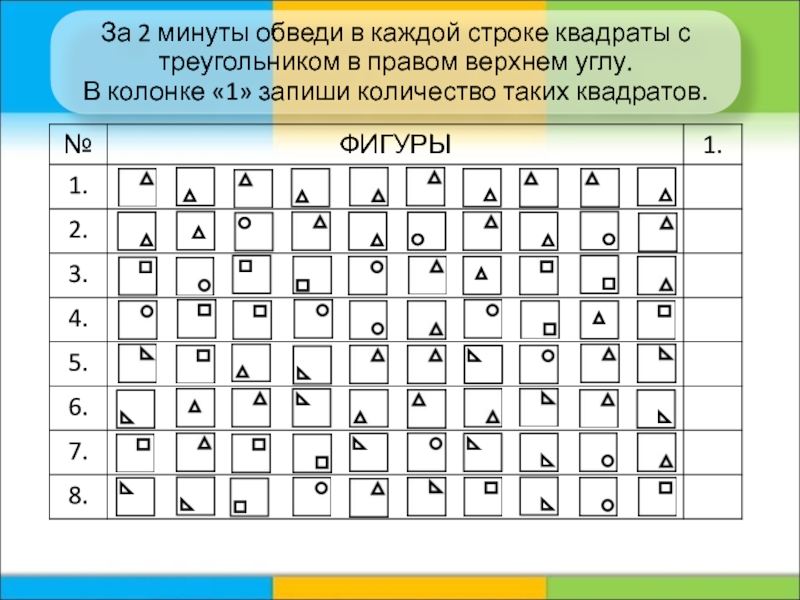 Найти за 2 минуты. Обведи в каждой строке квадраты с треугольником в правом Верхнем углу. За 2 минуты обведите в каждой строке квадраты с треугольником. Строки в квадрате. Пстрока связанас квадратом.