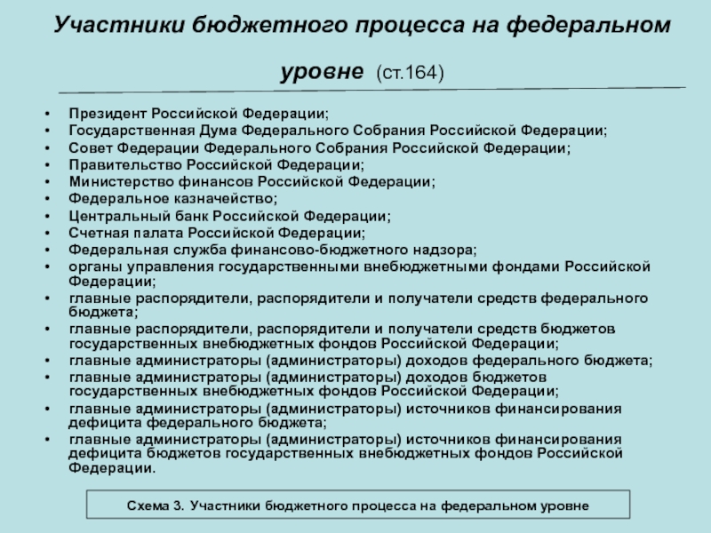 Ст 164. Участники бюджетного процесса на федеральном уровне и их полномочия. Бюджетный процесс. Участники бюджетного процесса субъекта РФ. Этапы бюджетного процесса на федеральном уровне.