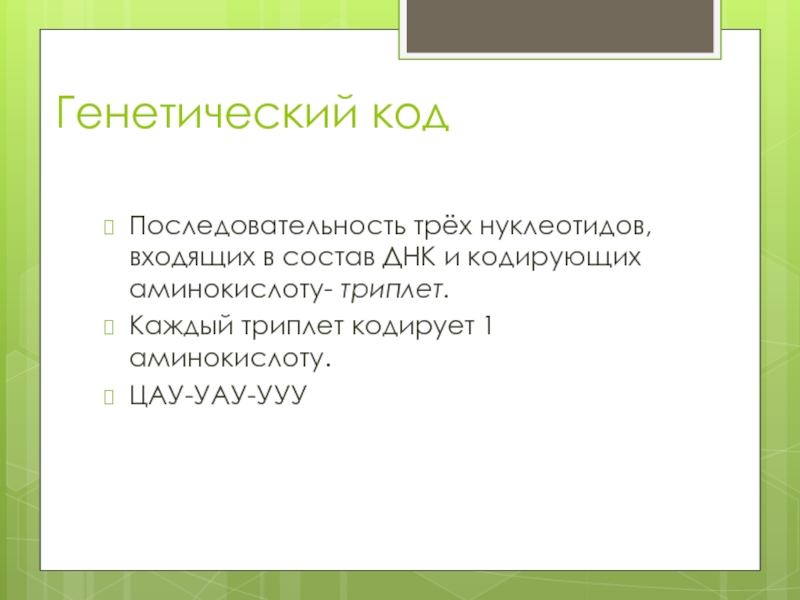 Каждый триплет кодирует 1 аминокислоту. 1 Триплет кодирует 1 аминокислоту. Триплет кодирует одну аминокислоту.