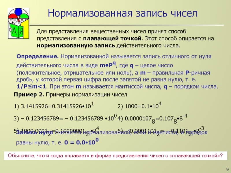 Представьте числа в нормализованной форме. Нормализованная запись вещественного числа. Нормализованная форма записи числа. Представление чисел в нормализованной форме. Нормализация числа с плавающей точкой.