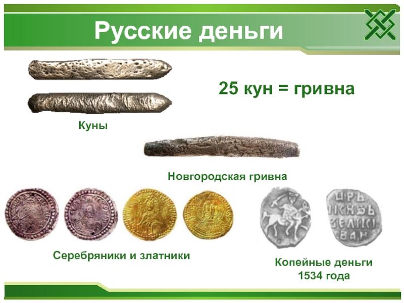 Русские деньгиКуны25 кун = гривнаНовгородская гривна Серебряники и златникиКопейные деньги 1534 года
