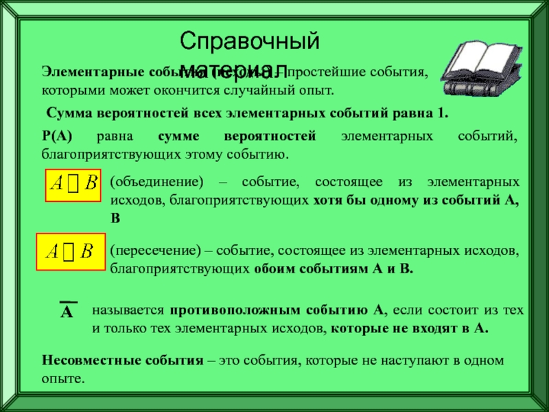 Подготовка к ЕГЭ
Решение задач по
теории вероятностей Справочный материалЭлементарные события (исходы) – простейшие события, которыми может окончится случайный Справочный материалЭлементарные события (исходы) – простейшие события, которыми может окончится случайный опыт.Сумма вероятностей всех элементарных событий равна