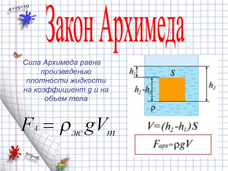 Сила архимеда как найти плотность жидкости. Сила Архимеда. Сила Архимеда равна. Формула Архимеда. Сила Архимеда плотность.