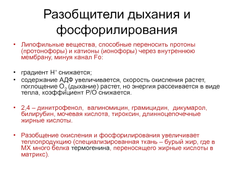 Через внутреннюю. Разобщение тканевого дыхания и окислительного фосфорилирования. Разобщители окислительного фосфорилирования биохимия. Разобщение процессов окисления и фосфорилирования. Разобщение окисления и фосфорилирования в дыхательной цепи это.