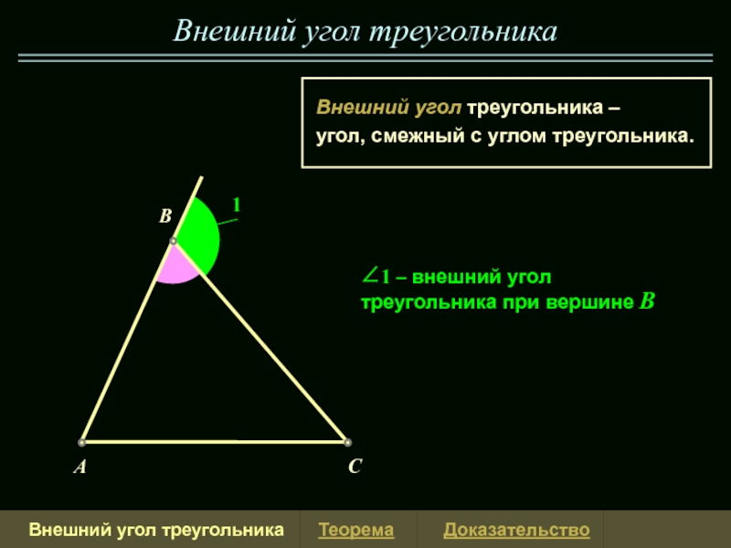 Презентация 1
Внешний угол треугольника
A
B
C
Внешний угол треугольника – угол, смежный с