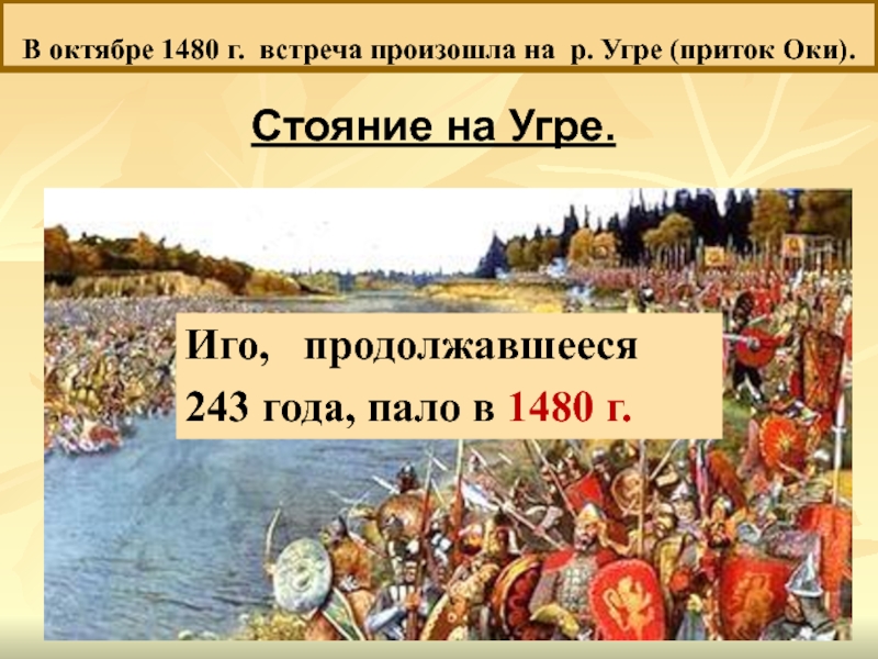 Конец монголо татарского. 1480 Стояние на р Угре. 11 Ноября 1480 год стояние на реке Угре.