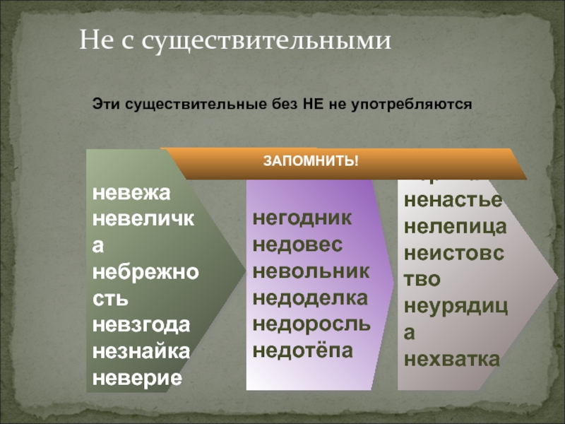 Не с существительныминеряханенастьенелепицанеистовствонеурядицанехватка  негодникнедовес невольникнедоделканедоросльнедотёпаневежаневеличка небрежность невзгода незнайка невериеЗАПОМНИТЬ!Эти существительные без НЕ не употребляются