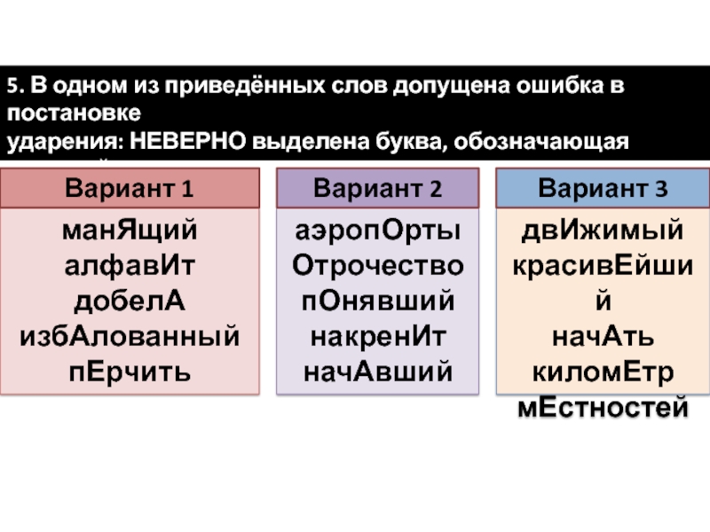 5. В одном из приведённых слов допущена ошибка в постановке ударения: НЕВЕРНО выделена буква, обозначающая ударный гласный