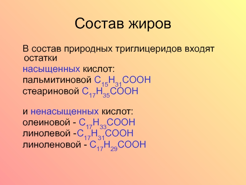 Жиров д в. Состав природных жиров. Жиры состоят. Жиры их состав. В состав природных жиров не входит кислота.