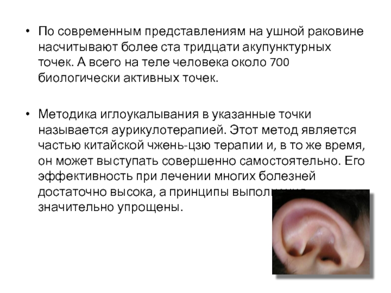 По современным представлениям на ушной раковине насчитывают более ста тридцати акупунктурных точек. А всего на теле человека