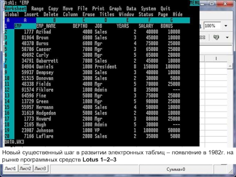 Новый существенный шаг в развитии электронных таблиц – появление в 1982г. на рынке программных средств Lotus 1–2–3