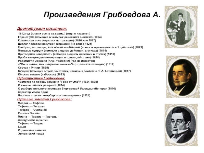 Произведения Грибоедова А. Драматургия писателя: 1812 год (план и сцена из драмы) (год не известен) Горе от