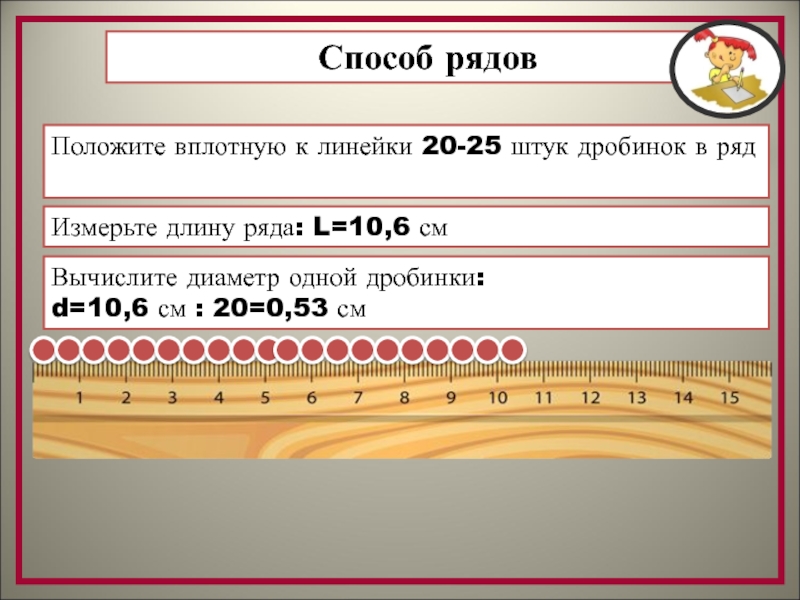 Длина ряда. Способ рядов. Измерьте длину ряда и Вычислите диаметр одной дробинки. Как вычислить диаметр одной дробинки.