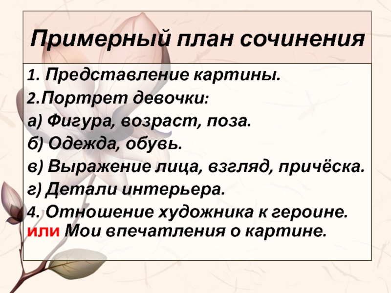 1. Представление картины.2.Портрет девочки:а) Фигура, возраст, поза.б) Одежда, обувь.в) Выражение лица, взгляд, причёска.г) Детали интерьера.4. Отношение художника к