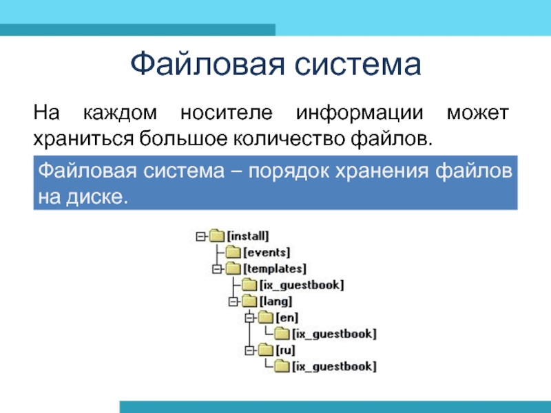 Файловая системаНа каждом носителе информации может храниться большое количество файлов.Файловая система – порядок хранения файлов на диске.