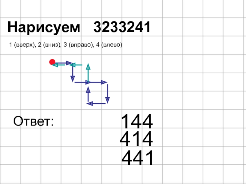 Нарисуем		32332411 (вверх), 2 (вниз), 3 (вправо), 4 (влево)144 Ответ:414 441