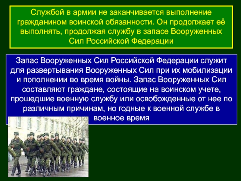 Граждане прошедшие военную службу. Запас Вооруженных сил РФ. Должности военной службы. Пребывание в запасе на военной службе. Увольнение с военной службы.