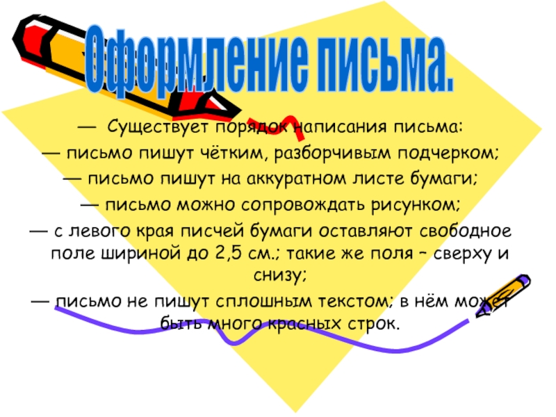 Существует порядок написания письма: письмо пишут чётким, разборчивым подчерком; письмо пишут на аккуратном листе бумаги; письмо