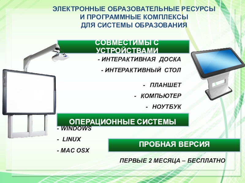 ЭЛЕКТРОННЫЕ ОБРАЗОВАТЕЛЬНЫЕ РЕСУРСЫ И ПРОГРАММНЫЕ КОМПЛЕКСЫ ДЛЯ СИСТЕМЫ ОБРАЗОВАНИЯ- ИНТЕРАКТИВНАЯ ДОСКА- ИНТЕРАКТИВНЫЙ СТОЛПЛАНШЕТКОМПЬЮТЕРНОУТБУК - WINDOWS- LINUX- MAC