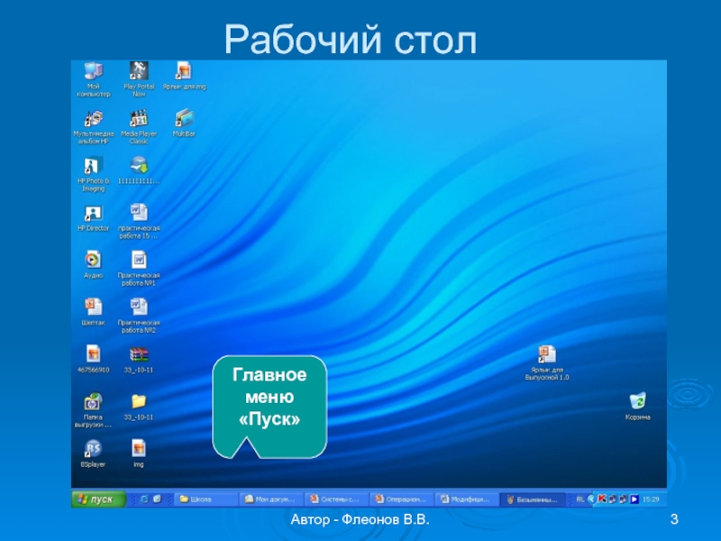 Автор - Флеонов В.В.Рабочий столГлавное меню «Пуск»