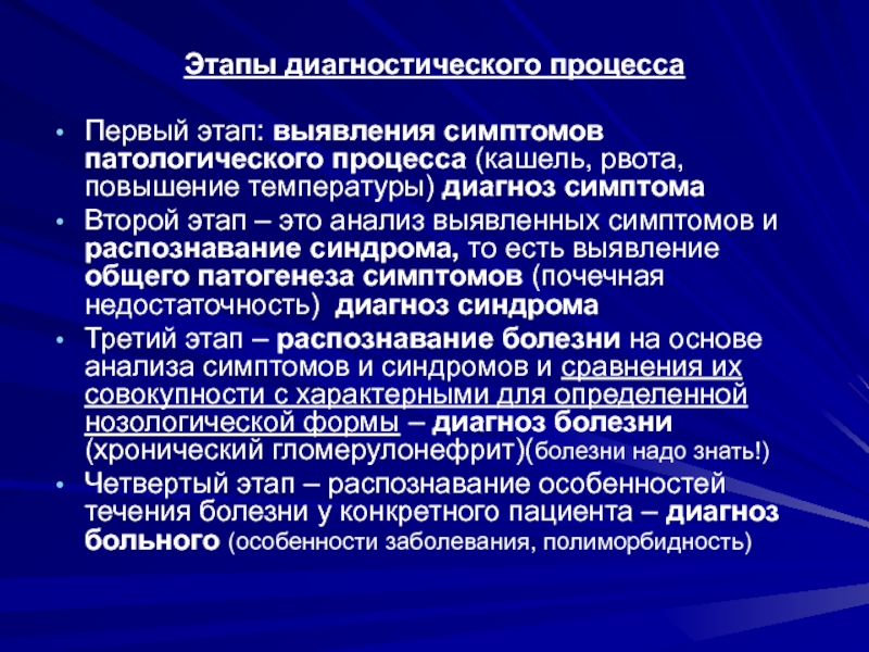 Пм диагностическая деятельность. Этапы диагностического исследования. 1 Стадия раннего процесса это. Лечебно-диагностический процесс это. Патологическая симптоматика.