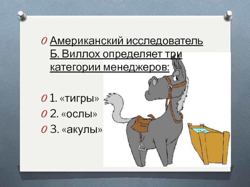 Американский исследователь Б. Виллох определяет три категории менеджеров:1. «тигры» 2. «ослы» 3. «акулы»