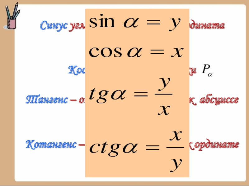 Синус угла определяется как ордината точки      Косинус — абсцисса точки Тангенс –