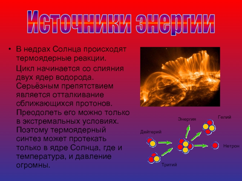 Источники энергииВ недрах Солнца происходят термоядерные реакции.  Цикл начинается со слияния двух ядер водорода. Серьёзным препятствием
