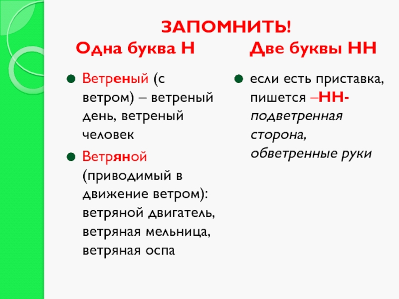 ЗАПОМНИТЬ! Одна буква Н Две буквы ННВетреный (с ветром) – ветреный