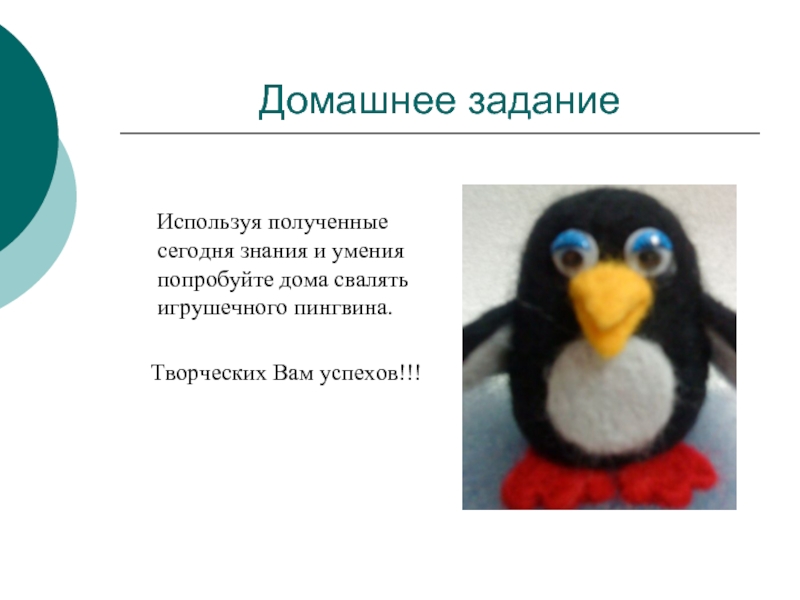 Домашнее задание    Используя полученные сегодня знания и умения попробуйте дома свалять игрушечного пингвина.
