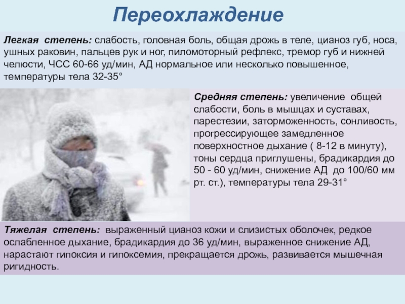 Врачебный контроль в особых природно-климатических условиях ПереохлаждениеЛегкая степень: слабость, головная боль, общая дрожь в теле, цианоз губ, ПереохлаждениеЛегкая степень: слабость, головная боль, общая дрожь в теле, цианоз губ, носа, ушных раковин, пальцев рук и