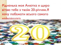 Рідненька моя Анютка я щиро вітаю тебе з твоїм 20-річчям.Я хочу побажати всього