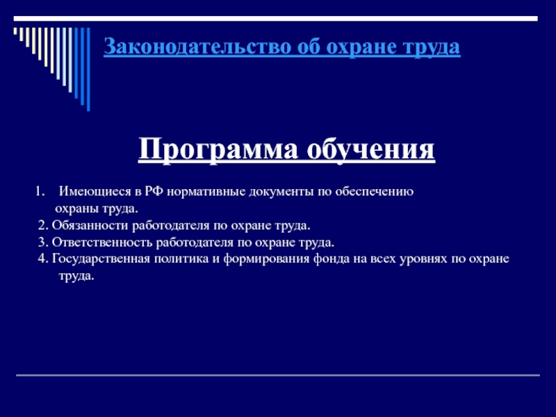 Законодательство об охране труда
Программа обучения
Имеющиеся в РФ нормативные