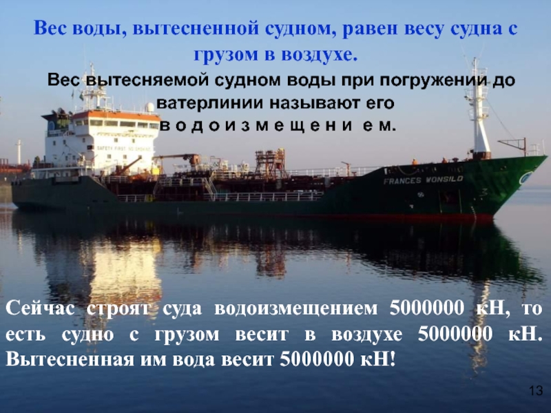 Вес судна с грузом в воздухе. Вес вытесненной воды. Вес воды вытесняемой судном при погружении до ватерлинии. Вес судна. Вес воды вытесняемой судном равен весу.